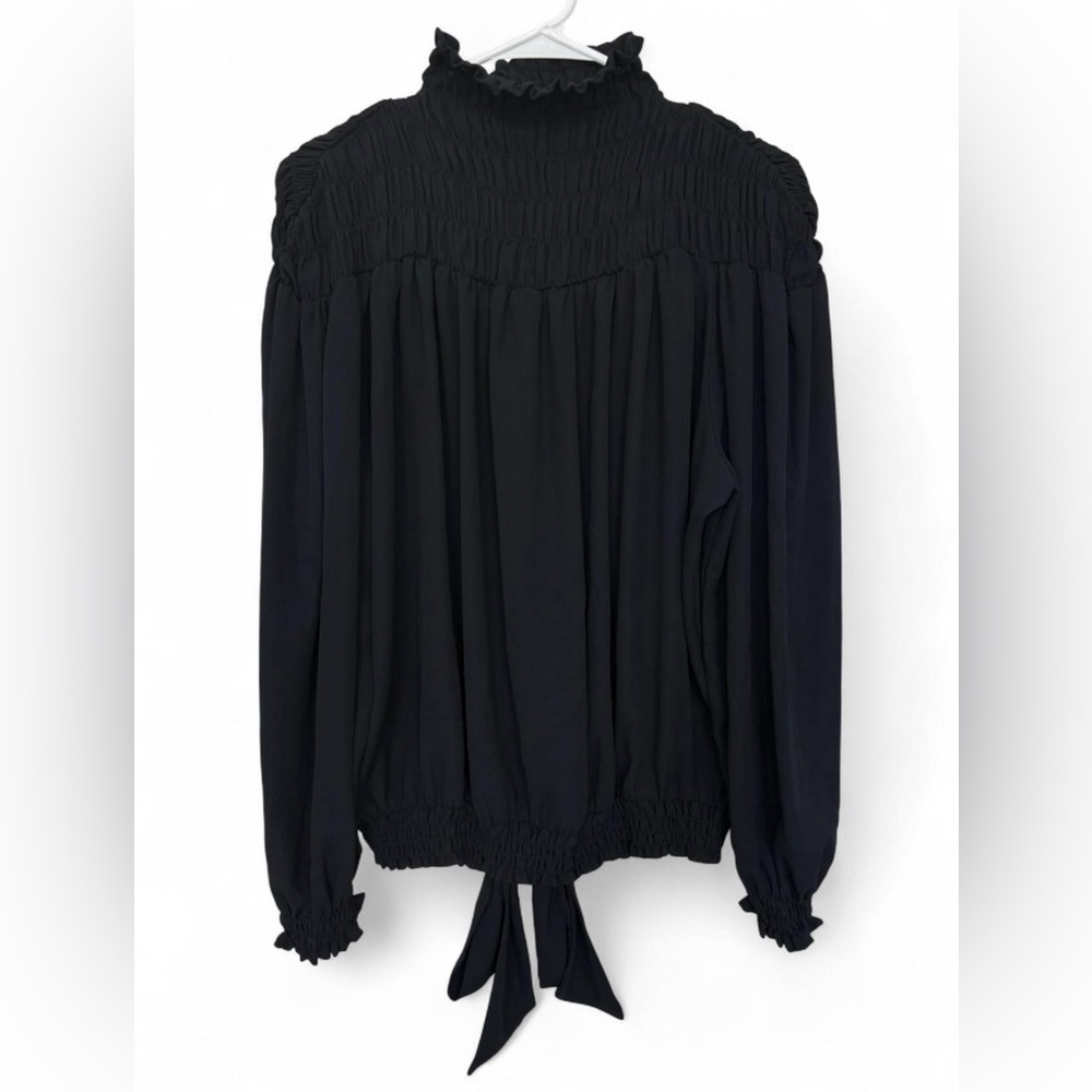 Women's Venus Black Chiffon Smocked Neck Tie Waist Blouse Large Relaxed Chic